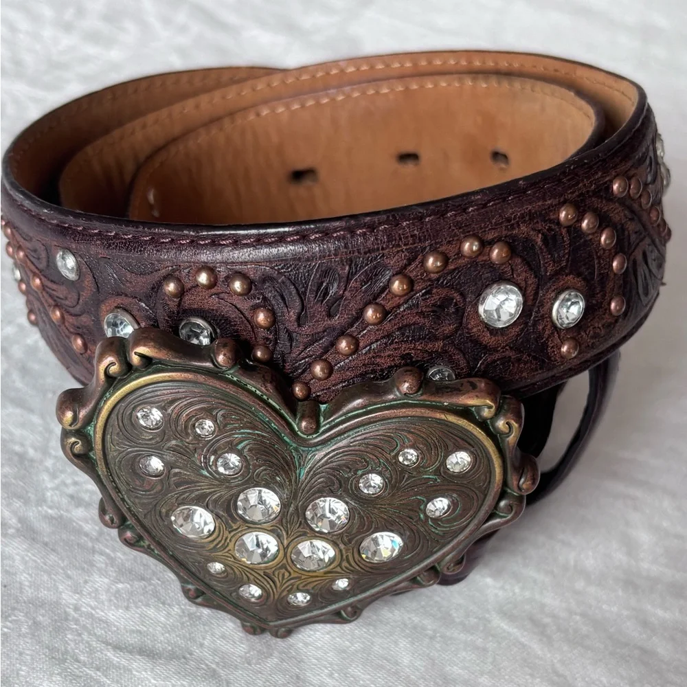 Justin Boots Brown Tooled Leather Belt Bronze Tone Rhinestone Heart Buckle 32 - Picture 2 of 11